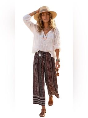 Love Wish Burgundy Bohemian Patterned Wide-Leg Palazoo Pants Large